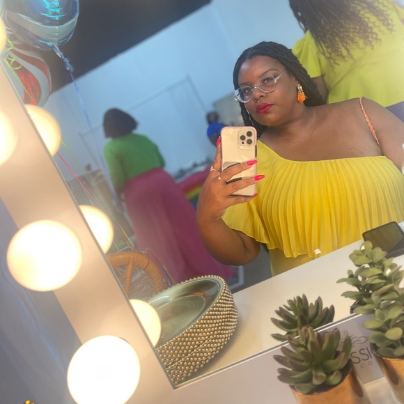 Green Orange Yellow off the shoulder wide jumpsuit - Picture 7 of 7